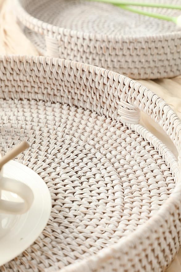 HITOMEN 14.2" Hand-Woven Round Rattan Serving Tray Decorative Ottoman Wicker Platter with Handles for Coffee Table, Breakfast, Drinks, Snack, Bread, Fruit, Vegetables (Whitewash-L)