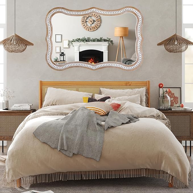 35x24 inches Rustic Farmhouse Mirror for Wall Decor, Wooden Beads Decorative Mirrors for Living Room, Bedroom, Hallway, Bathroom, Entryway - Vertical or Horizontal Hanging