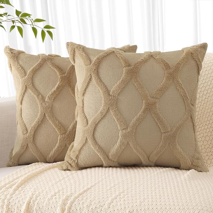 decorUhome Spring Throw Pillow Covers 16x16 Inch Set of 2, Soft Plush Faux Fur Wool Khaki Accent Couch Pillow Covers for Modern Farmhouse Bed Sofa Living Room