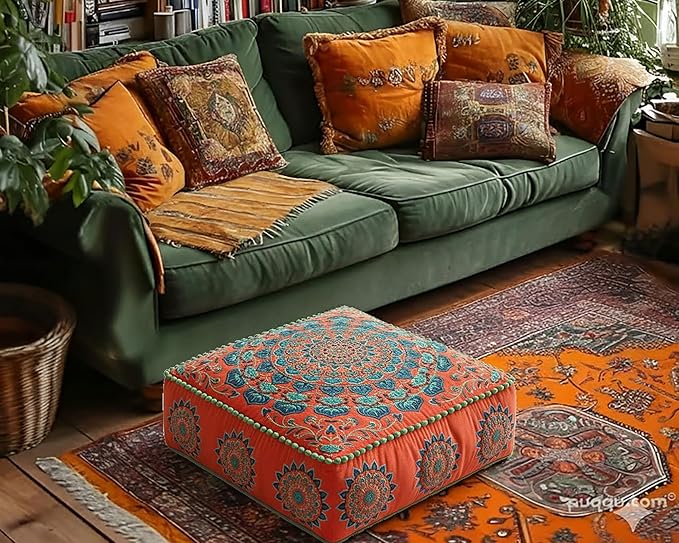 Mandala Life ART Orange Velvet Pouf Cover - Soft Sqare Floor Pillow - Embroidered Ottoman Slipcovern, 24x24x8 Inches, Ideal for Living Room, Bedroom, or Meditation Space - Boho Decor Cushion
