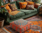 Mandala Life ART Orange Velvet Pouf Cover - Soft Sqare Floor Pillow - Embroidered Ottoman Slipcovern, 24x24x8 Inches, Ideal for Living Room, Bedroom, or Meditation Space - Boho Decor Cushion