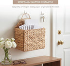 Boho Water Hyacinth Hanging Wall Basket, Flat Back Woven Storage Organizer for Mail, Books and Magazines, Decorative Wall Basket for Entryway and Farmhouse Home