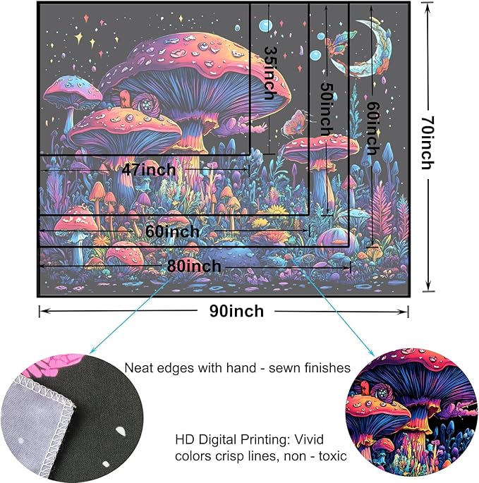 TUGCAY Blacklight Mushroom Tapestry Fantasy Forest Moon Butterfly Plant Snail Tapestry UV Reactive Aesthetic Wall Hanging Tapestries for Bedroom Dorm Living Room Classroom Decor 90 x 70 Inches