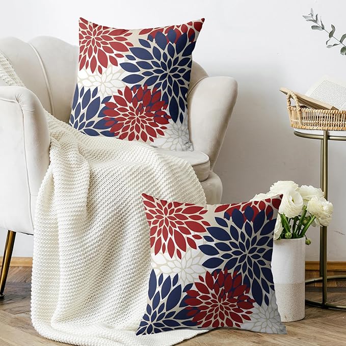 4th of July Blue Red White Pillow Covers 20X20 Inch Set of 2, Modern Geometry Dahlia Floral Print Holiday Decorative Throw Pillow Covers Outdoor Farmhouse Cushion Case for Couch Sofa Bed Decor