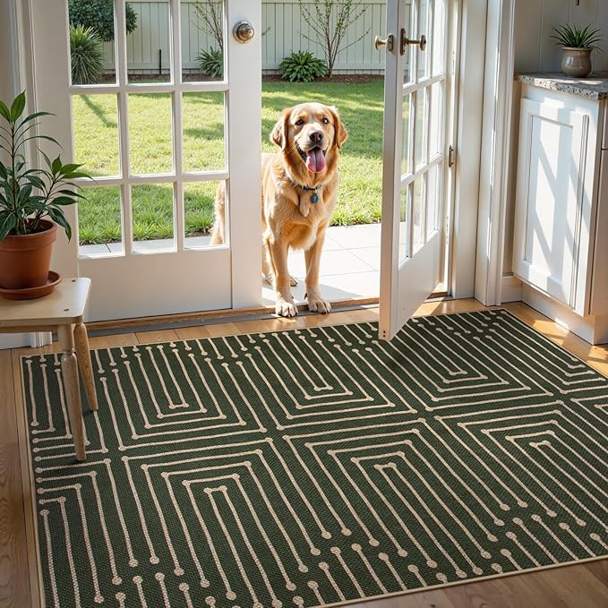 Lahome Boho 3x5 Easy Jute Rugs for Entryway, Non Slip Green Area Rug, Maze Lines Modern Washable Rugs for Bedroom, Low Pile Indoor Outdoor Carpet for Deck Porch Backyard