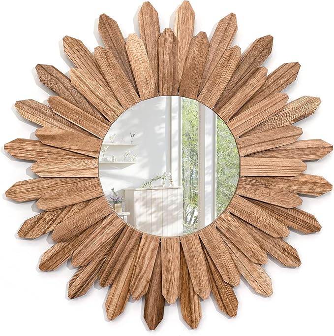 Emfogo Wall Mirror 21 inch Rustic Wood Sunburst Boho Mirror Wall Decor Home Decor for Bedroom Living Room Entryway Farmhouse (Carbonized Black)