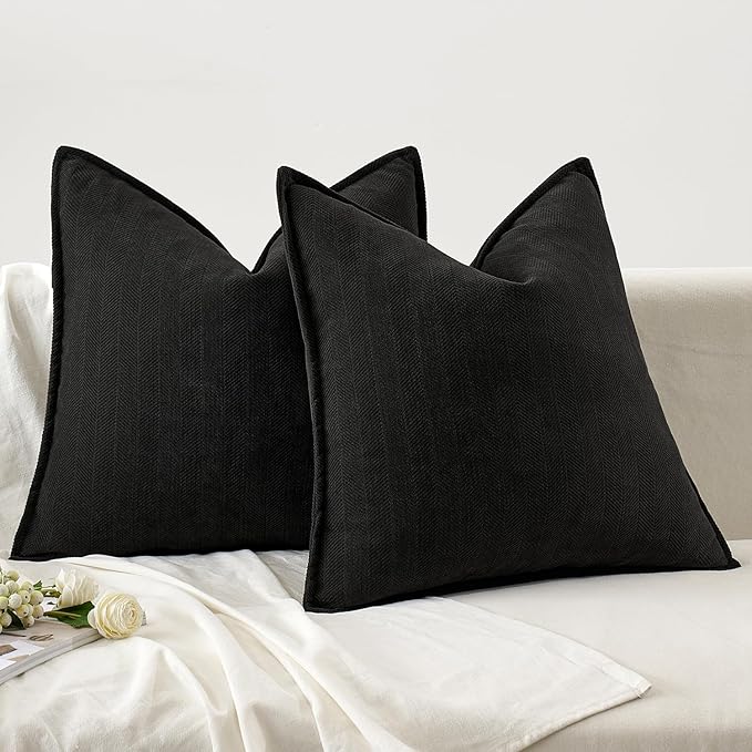 MIULEE Pack of 2 Black Decorative Pillow Covers 24x24 Inch Soft Chenille Luxurious Couch Throw Pillows Farmhouse Cushion Covers Euro Shams with Elegant Design for Sofa Bedroom Living Room Home Decor