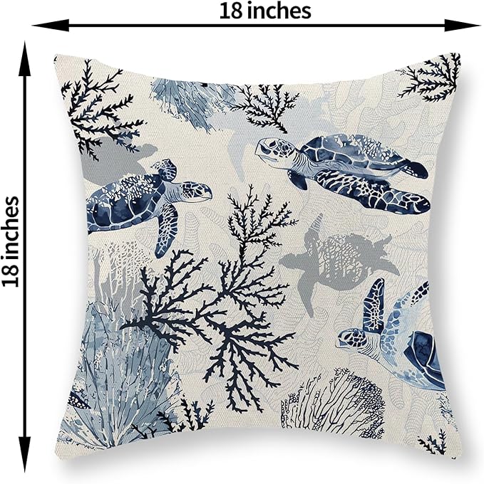 Nautical Coastal Pillow Covers 18x18 Set of 2 Beach Themed Ocean Coral Sea Turtle Decorative Throw Pillows Blue Outdoor Decor Pillow Cases Linen Farmhouse Cushion Case for Sofa Home Holiday