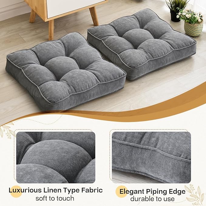 Floor Pillow Set of 2, Memory Foam Floor Cushions for Adults, Large Meditation Pillow for Sitting, 22 x 22 Inches (Square | Grey)