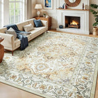 Lessymo 8 x 10 Area Rugs for Living Room, Machine Washable Area Rugs Boho Faux Wool Low Pile Area Rug for Bedroom, Floral Medallion Vintage Rugs with Non-Slip Rubber, Kid & Pet Friendly,Beige