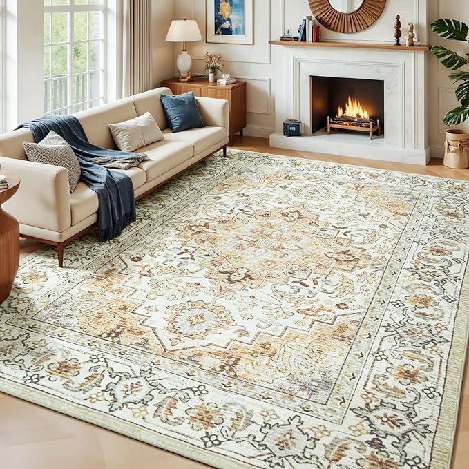 Lessymo 8 x 10 Area Rugs for Living Room, Machine Washable Area Rugs Boho Faux Wool Low Pile Area Rug for Bedroom, Floral Medallion Vintage Rugs with Non-Slip Rubber, Kid & Pet Friendly,Beige