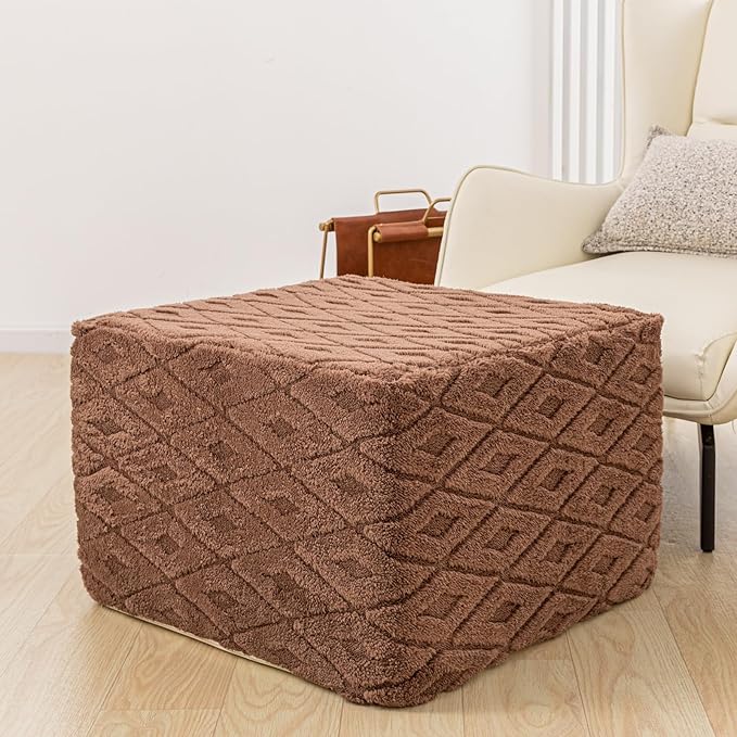 Fluffy Square Ottoman Pouf with All-in-One Foam Filling 20 x 14 Inches Furry Ottoman Foot Rest Foot Stool for Living Room or Bedroom (Coffee)