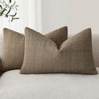 Foindtower Set of 2 Decorative Linen Check Throw Pillow Covers Neutral Farmhouse Lumbar Cushion Covers Modern Boho Home Decor for Sofa Chair Couch Bedroom Living Room,12×20 Inch,Light Brown