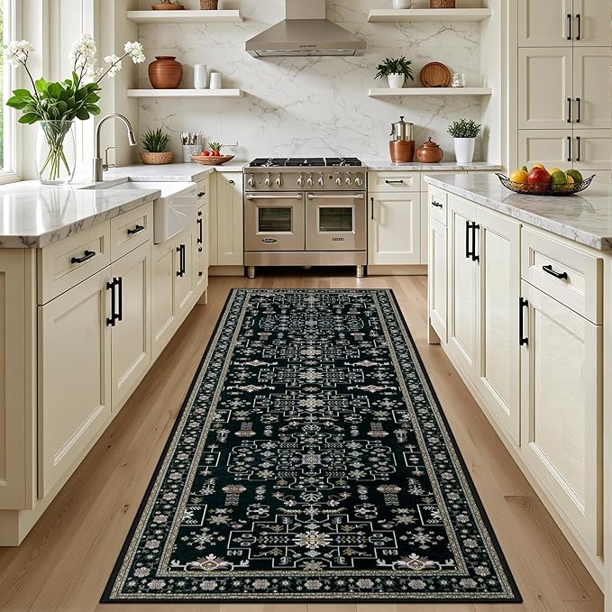 Hallway Runner Rug Non Slip - Washable 2.6x8 Kitchen Rugs for Living Room, Low-Pile Soft Bedroom Rug Indoor Floor Stain Resistant Carpets for Entryway, Laundry, Bathroom Black