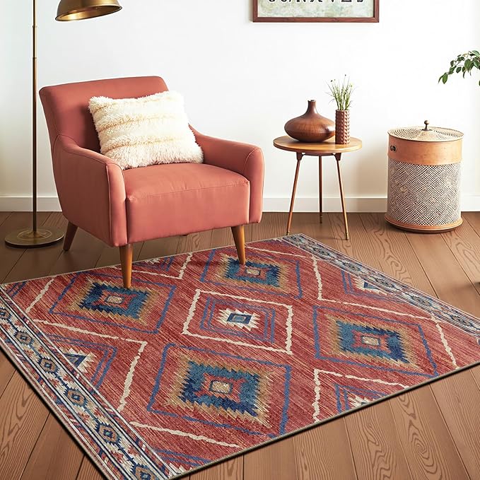 Area Rug 2x3 Rug Machine Washable Non-Slip Low Pile Print Pattern Western Rug for Living Room Bedroom Entryway Tribal Series -Red/Orange