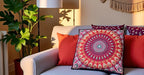 INDIAN CRAFT CASTLE 24" Red Peacock Mandala Barmeri Large Floor Pillow Cover Cushion Meditation Seating Ottoman Throw Cover Hippie Decorative Zipped Bohemian Pouf Ottoman Pom Pom Cases 24" Square