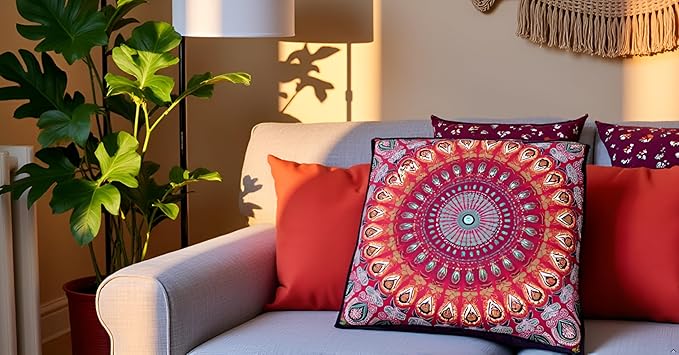 INDIAN CRAFT CASTLE 24" Red Peacock Mandala Barmeri Large Floor Pillow Cover Cushion Meditation Seating Ottoman Throw Cover Hippie Decorative Zipped Bohemian Pouf Ottoman Pom Pom Cases 24" Square