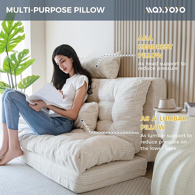 MAXYOYO Folding Sofa Bed, Tufted Bean Bag Bed with Pillows Floor Mattress for Adults, Extra Thick and Long Floor Sofa, Full Floor Couch Bed for Bedroom Living Room, Beige, 54x91 Inch