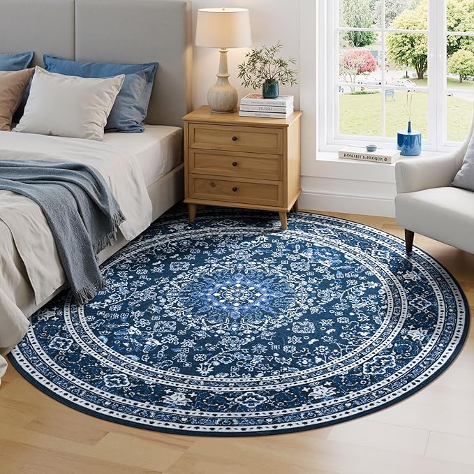 Lessymo 6FT Washable Round Area Rugs for Living Room, Non Slip Circle Rugs Low Pile Vintage Carpet for Bedroom, Dining Room, Nursery, Home Office, Blue White