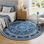 Lessymo 6FT Washable Round Area Rugs for Living Room, Non Slip Circle Rugs Low Pile Vintage Carpet for Bedroom, Dining Room, Nursery, Home Office, Blue White