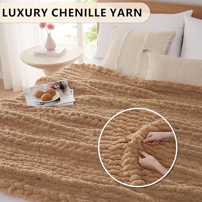 L'AGRATY Chunky Knit Blanket Throw: 50''x60'' Chenille Chunky Knitted Throw Blanket for Bed Couch - Handmade Thick Big Cable Knit Blanket - Large Crochet Rope Blanket for Home Decor(Tan)