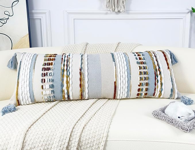 Chenille and Cotton Long Pillow for Bed, Striped Textured Boho Lumbar Throw Pillow Cover 14x36, Neutral Accent Decorative Extra Long Body Pillow Case for Couch, Sofa, Bedroom, Light Blue