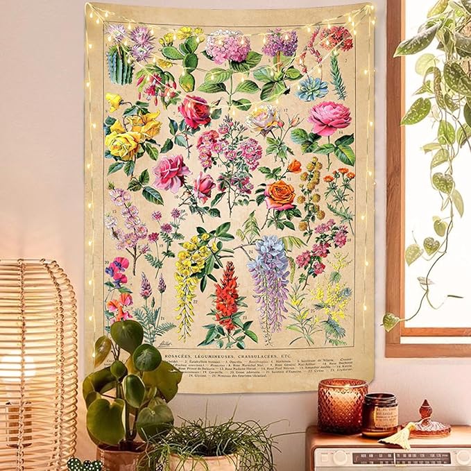 Vintage Flowers Tapestry 48”x36”, Long Vertical Wall Hanging Reference Illustrative Botanical Tapestries for Bedroom Aesthetic Floral Tapistry Botanical Plants Tapestry Wall Hanging Cute Bedroom Decor
