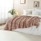 Multi-Color Light Pink Cable Woven Throw Blanket for Couch,60"X80" Boho Style Textured Blankets for Home Decor,Super Soft Warm Cozy Chunky Blanket with Decorative Tassels for Bed