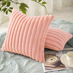 decorUhome Summer Cozy Faux Fur Throw Pillow Covers 20x20 Set of 2 Decorative Plush Striped Modern Farmhouse Boho Couch Pillow Cases with Velvet Back for Sofa Bed Living Room, Blush Pink