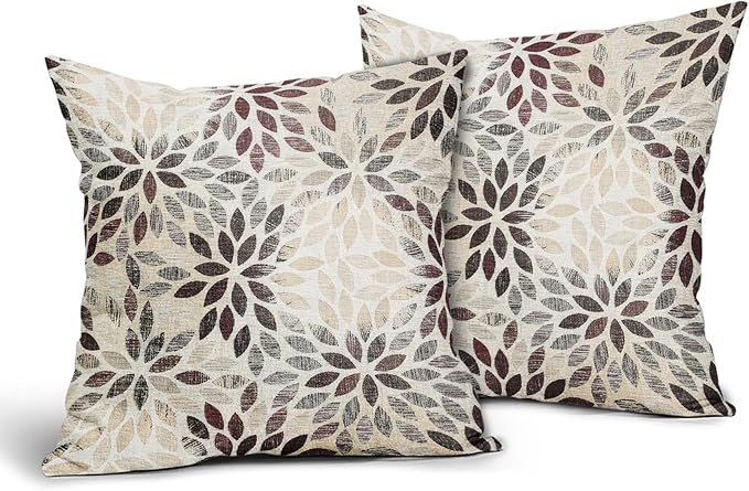 Burgundy Red Dahlia Throw Pillow Covers 22x22 Inch Rustic Rust Geometric Flower Decorative Square Pillow Cases Beige Tan Gray Floral Cushion Covers Farmhouse Home Decor For Sofa Couch Outdoor Set of 2