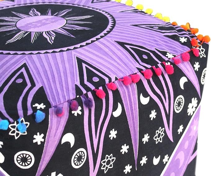 CRAFT KALA Large Hippie Mandala Meditation Floor Ottoman Pillow Cushion Pouf Cover Square Poufs Cover Bohemian Circle Floor Cushion Cover Outdoor Living Room Decor 22X22X14 inches, Purple Burning Sun