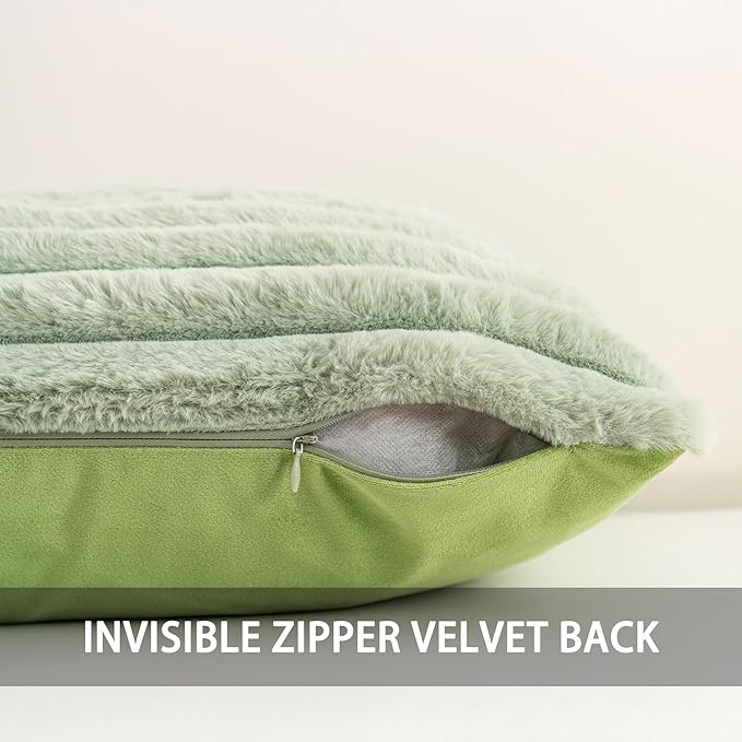 Pack of 2 Faux Fur Fall Throw Pillow Covers 22x22 Inch, Soft Plush Striped Neutral Couch Pillow Cover, with Velvet Back Modern Home Decor for Sofa Living Room Couch Bed Sage Green
