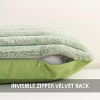 Pack of 2 Faux Fur Fall Throw Pillow Covers 24x24 Inch, Soft Plush Striped Neutral Couch Pillow Cover, with Velvet Back Modern Home Decor for Sofa Living Room Couch Bed Sage Green