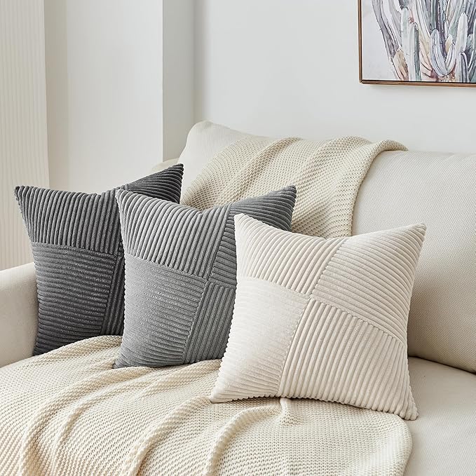 Topfinel 16x16 inches Euro Pillow Shams Set of 2 Soft Corduroy Decorative Throw Pillow Covers for Bedroom Living Room Boho Textured Striped Patchwork Couch Pillow Covers 40x40cm LightGrey