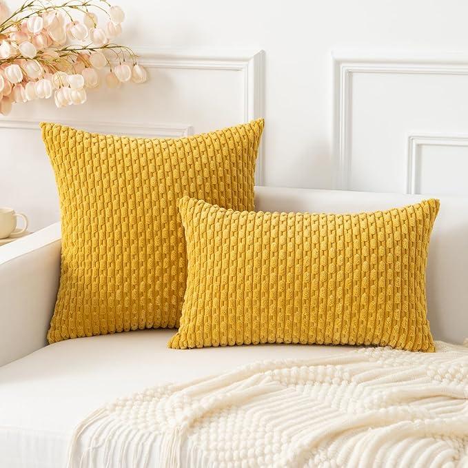 Kevin Textile 14x22 Inch Pillow Cover 1 Pack Boho Decorative Soft Striped Corduroy Lumbar Farmhouse Color Accent Rectangle Cushion Case for Living Room Couch Sofa Bed, Mustard Yellow