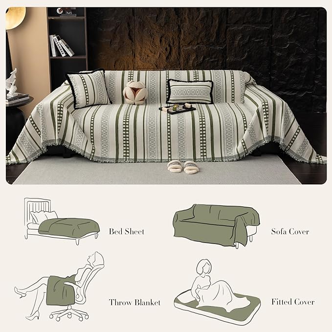 Striped Couch Cover Blankets, Boho Couch Covers, Sofa Blanket Cover for Dogs, Medium Couch Covers for Recliner and Chair, Chenille Sofa Covers Washable Sectional(1pc/Green/71 x 71")