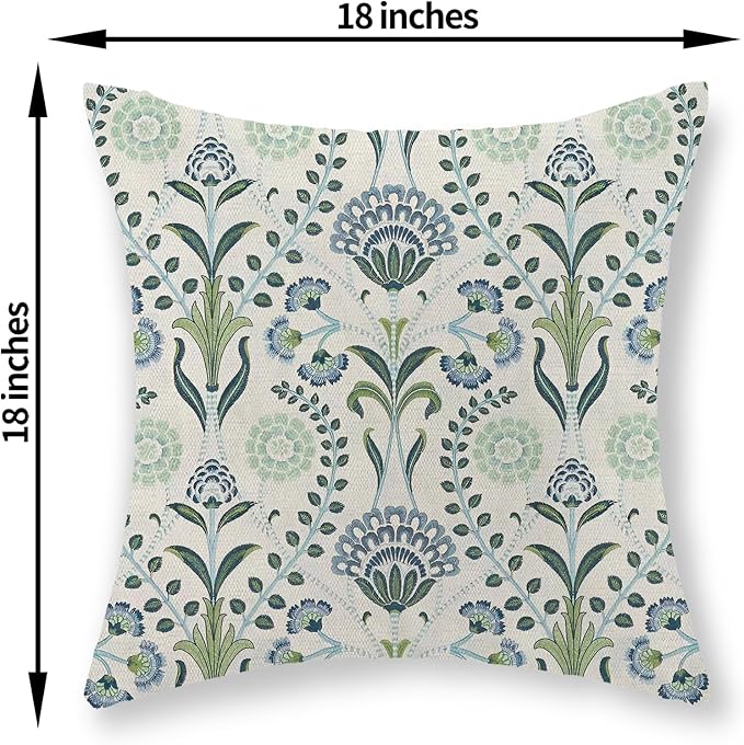 Blue Green Pillow Covers 18x18 Inch Set of 2 Boho Floral Decor Throw Pillows Vintage Block Print Flower Outdoor Linen Decorations Pillowcase Linen Cushion Cover for Couch
