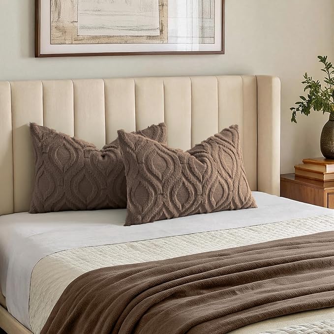 decorUhome Cozy Textured Throw Pillow Covers 12x20 Inch Set of 2, Soft Plush Faux Wool Brown Accent Couch Pillow Covers for Modern Farmhouse Sofa Bed Living Room