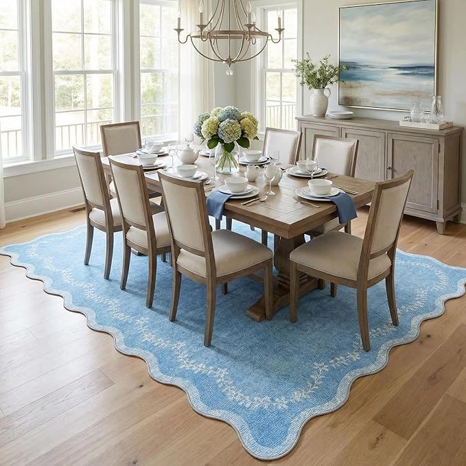 GarveeHome 5x7 Scalloped Area Rug Blue Washable Rugs for Living Room Bedroom, Soft Low Pile Non Slip Accent Floor Mat Solid Floral Print Throw Rug Indoor Carpet for Dorm Playroom