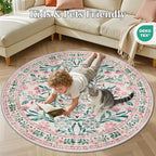Round Area Rug for Living Room: 4 ft Floral Washable Circle Rug Soft Boho Non-Slip Carpet Indoor Stain Resistant Low Pile Small Circular Rug for Bedroom Entryway Kitchen Nursery Home Office Pink Green