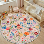 Round Area Rug for Living Room: 6 ft Floral Washable Circle Rug Soft Boho Non-Slip Carpet Indoor Stain Resistant Low Pile Small Circular Rug for Bedroom Entryway Kitchen Nursery Home Office Beige
