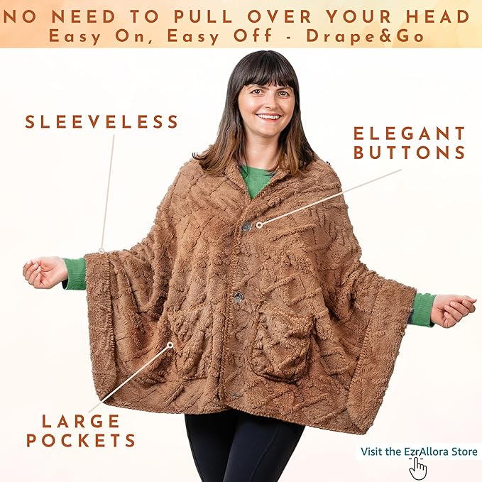 Boho Chic Wearable Blanket -No Sleeves Drape&Go- Poncho Blanket Wrap Shawl - Gifts for Grandma and Mom