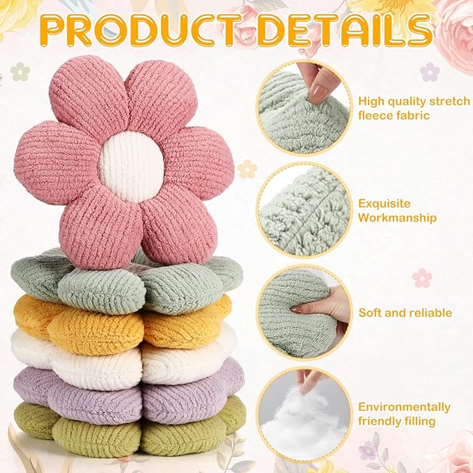 Coume 6 Pcs Flower Floor Pillows - 16 Inch Daisy Throw Pillows Cute Flower Decorative Floor Seat Cushions for Bedroom Home Sofa Chair Couch Decor(White, Pink, Purple, Yellow Green, Dark Green)