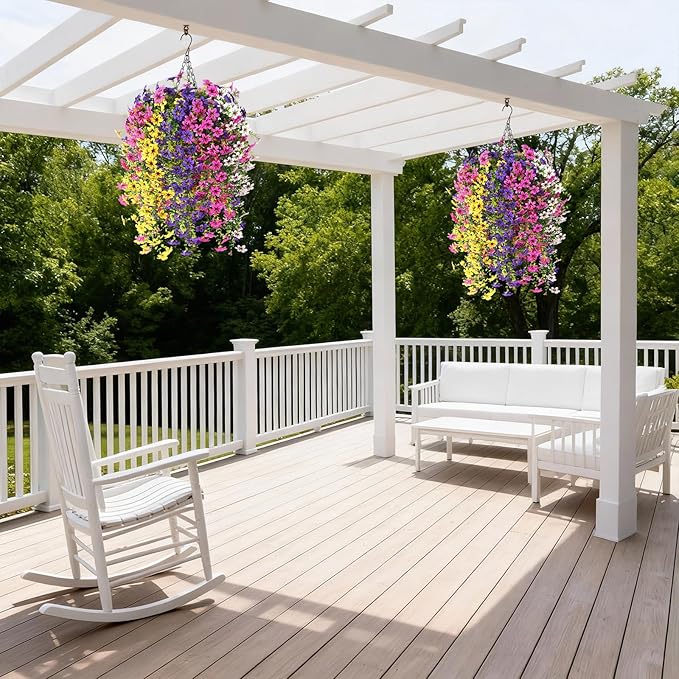 INQCMY Artificial Fake Hanging Plants Flowers Basket for Spring Outdoor Outside Decoration,UV Resistant Faux Silk Flower in Planter for Home Patio Porch Balcony Garden Yard Decor(Mixed Color)