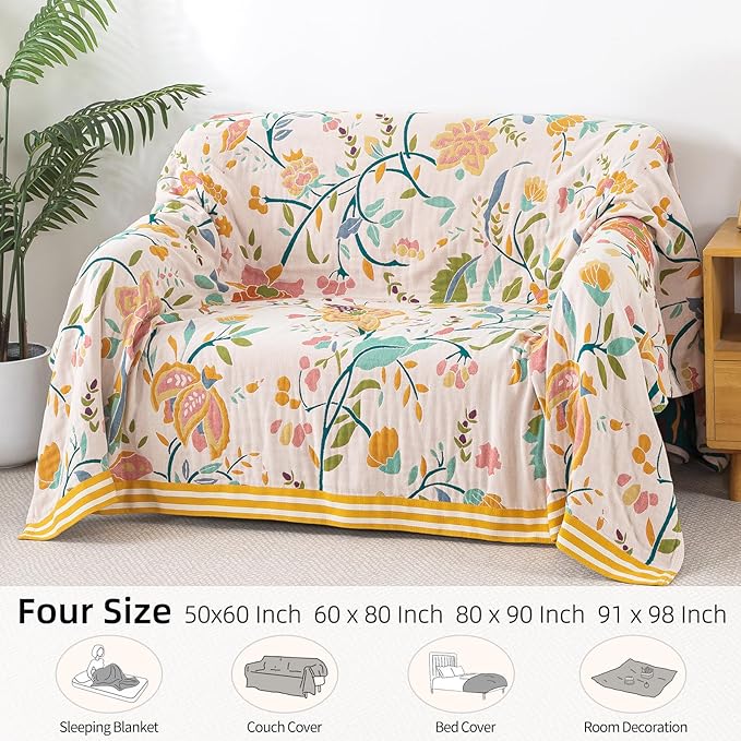 Boho Throw Blanket for Bed, 100% Pure Cotton Ultra Soft Rustic Quilt, Farmhouse Decor Bed Blankets, All Season Rustic Throw for Sofa Couch Chair(91"x 98", Boho Floral)