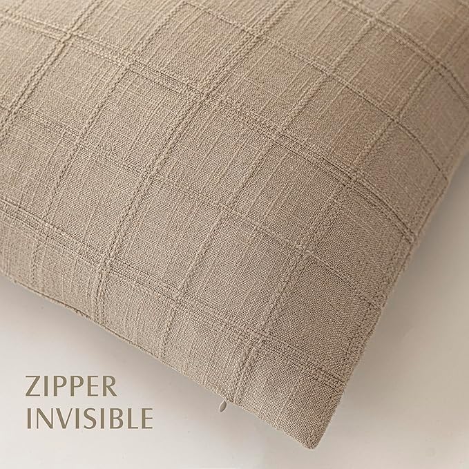 Foindtower Set of 2 Decorative Linen Check Throw Pillow Covers Neutral Farmhouse Lumbar Cushion Covers Modern Coastal Boho Home Decor for Sofa Chair Couch Bedroom Living Room,12×24 Inch,Camel