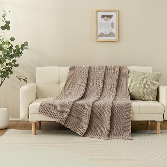 Knitted Throw Blanket 60"X80", Taupe Knit Throws for Bed, Super Soft Boho Chevron Blankets for Couch Sofa Chair Room Decor, Textured Decorative Farmhouse Cozy Lightweight