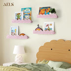 AELS Scalloped Nursery Bookshelf, Set of 4, Picture Ledge Shelf for Wall Decor, Woven Natural Fibre Floating Shelves for Books, Toys, Photo Frame, Nursery, Boho Modern Farmhouse Book Shelf, Pale Pink