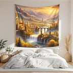 Elven Style Fantasy Tapestry for Bedroom – Golden Misty Mountain Waterfall Landscape Backdrop for Epic Adventure Fans Party, Mythical Birthday Decoration, Classroom Reading Corner Background (60x50)