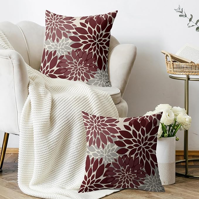 Burgundy Grey Gray Pillow Covers 20X20 Inch Set of 2, Dahlia Flower Spring Summer Floral Cream Decorative Throw Pillow Covers Outdoor Modern Farmhouse Cushion Case for Home Couch Sofa Bed Decor